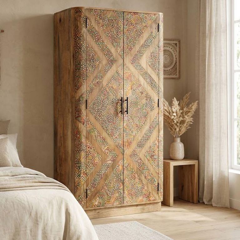 Mosaic Natural Handcrafted Mango Wood 2 Door Wardrobe