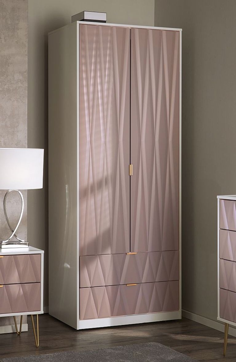 Diamond Tall Wardrobe - 2 Door - 2 Drawer - Pink and White