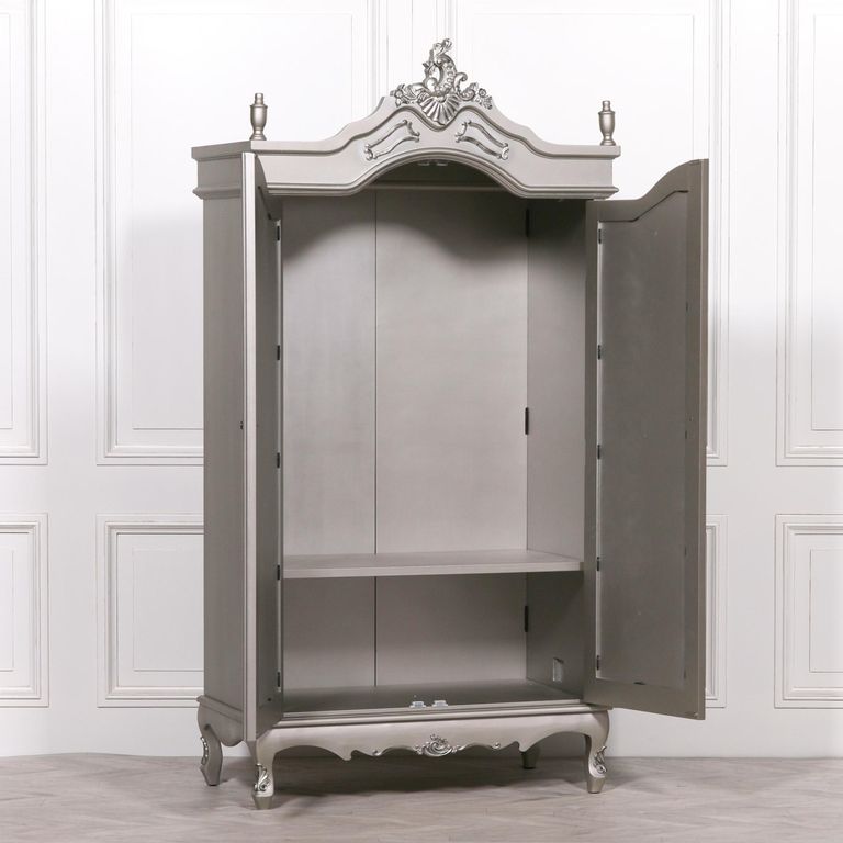 French Style Armoire Wardrobe - Antique Silver - 2 Door Mirror