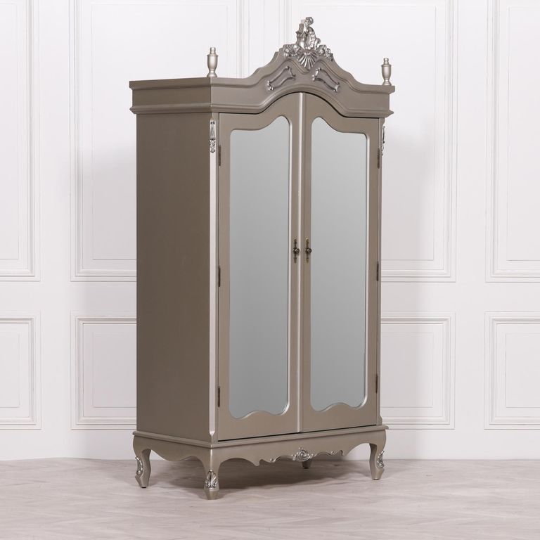 French Style Armoire Wardrobe - Antique Silver - 2 Door Mirror