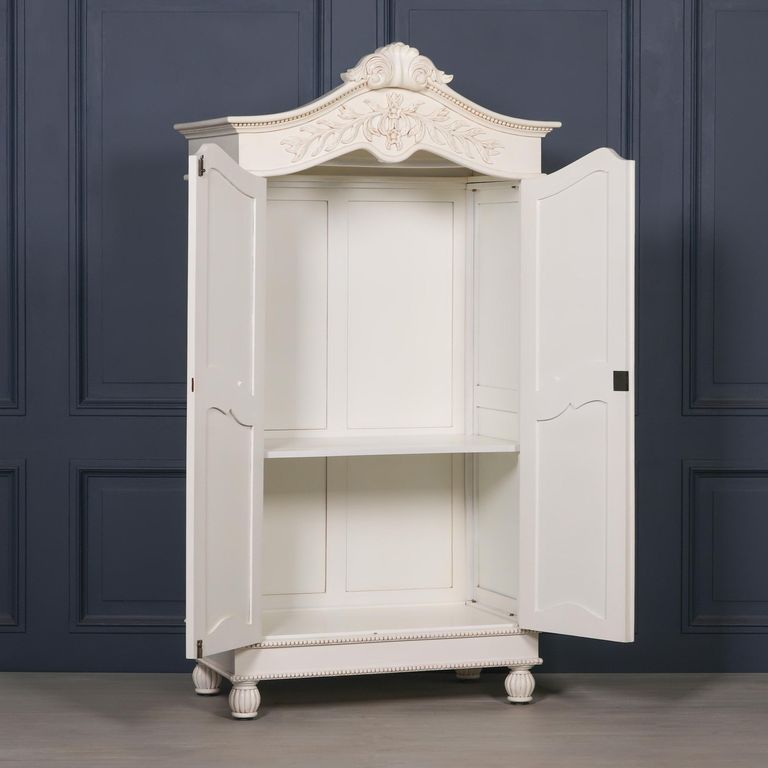 French Style Armoire Wardrobe - Lomira White Carved - 2 Door