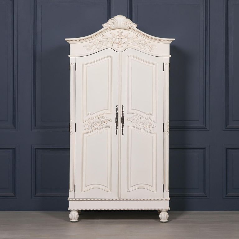French Style Armoire Wardrobe - Lomira White Carved - 2 Door