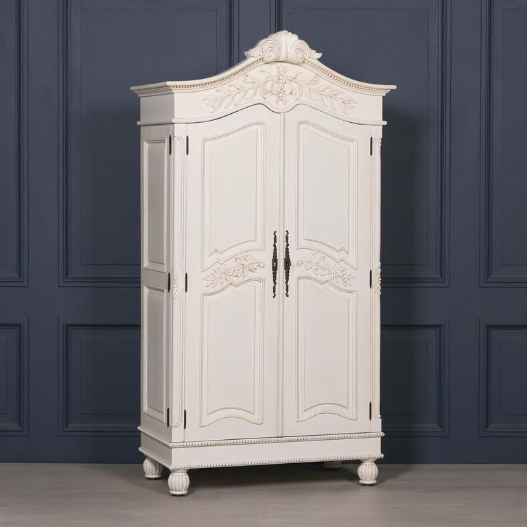 French Style Armoire Wardrobe - Lomira White Carved - 2 Door