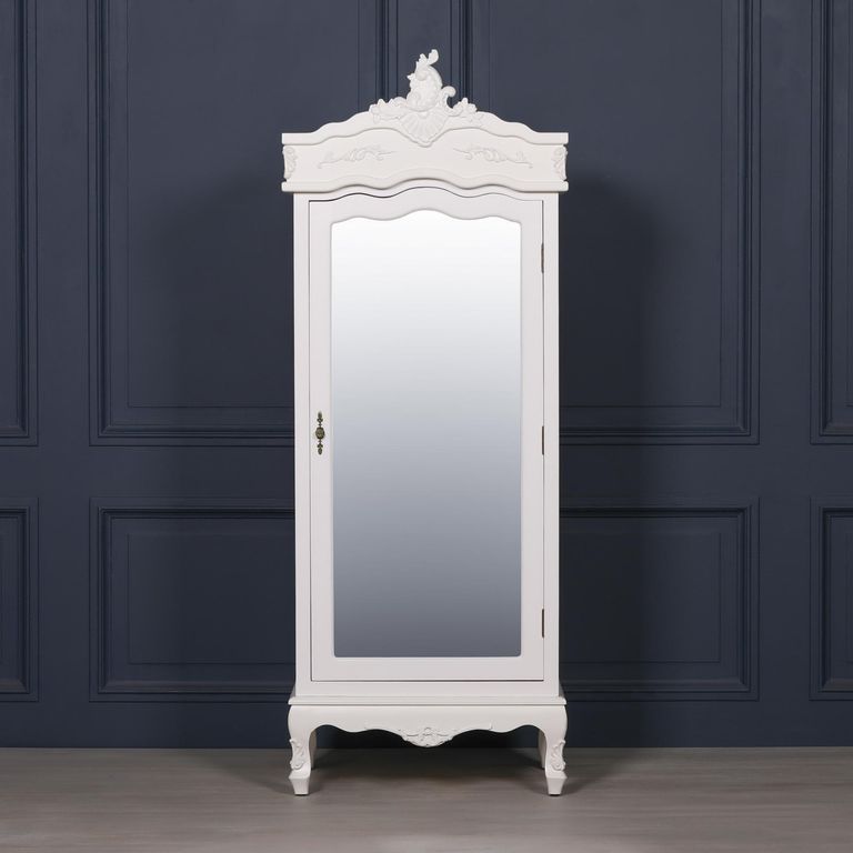 French Style Armoire Wardrobe - White Carved - 1 Door Mirror