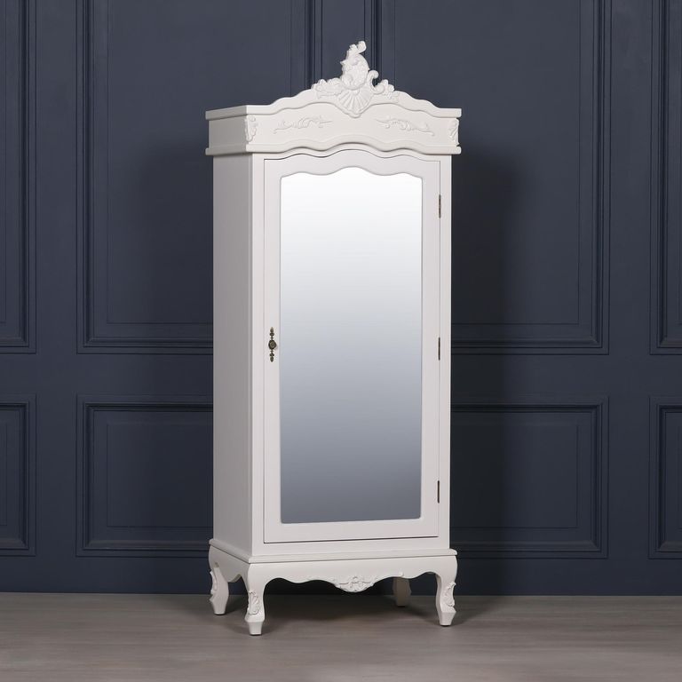 French Style Armoire Wardrobe - White Carved - 1 Door Mirror