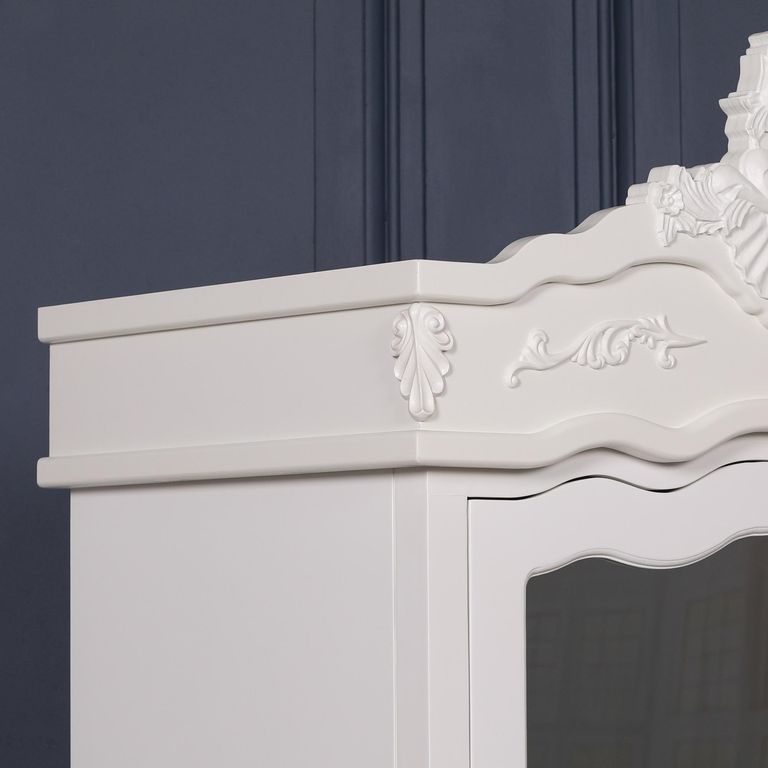 French Style Armoire Wardrobe - White Carved - 1 Door Mirror