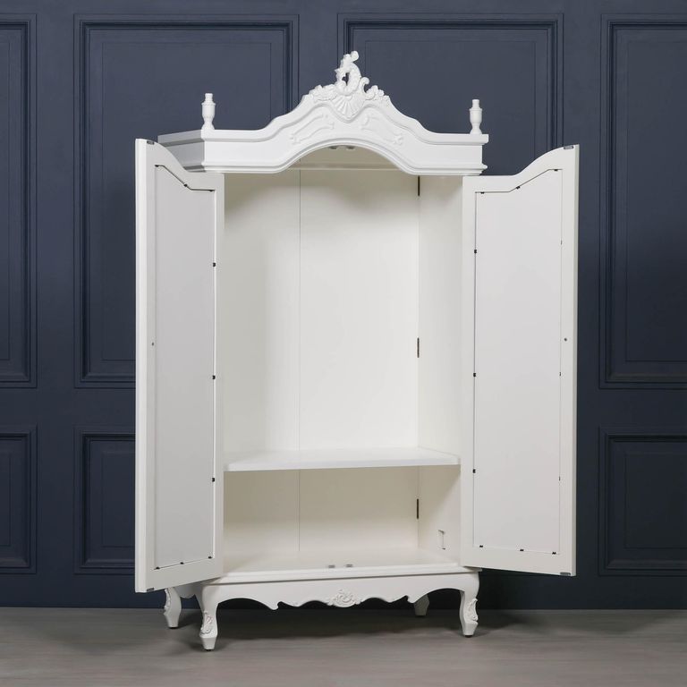 French Style Armoire Wardrobe - White Carved - 2 Door Mirror