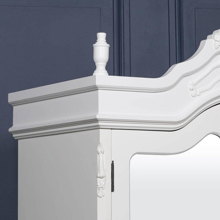 French Style Armoire Wardrobe - White Carved - 2 Door Mirror