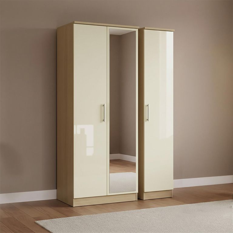 Knightsbridge Cream Gloss and Light Oak 3 Door Tall Triple Mirror Wardrobe
