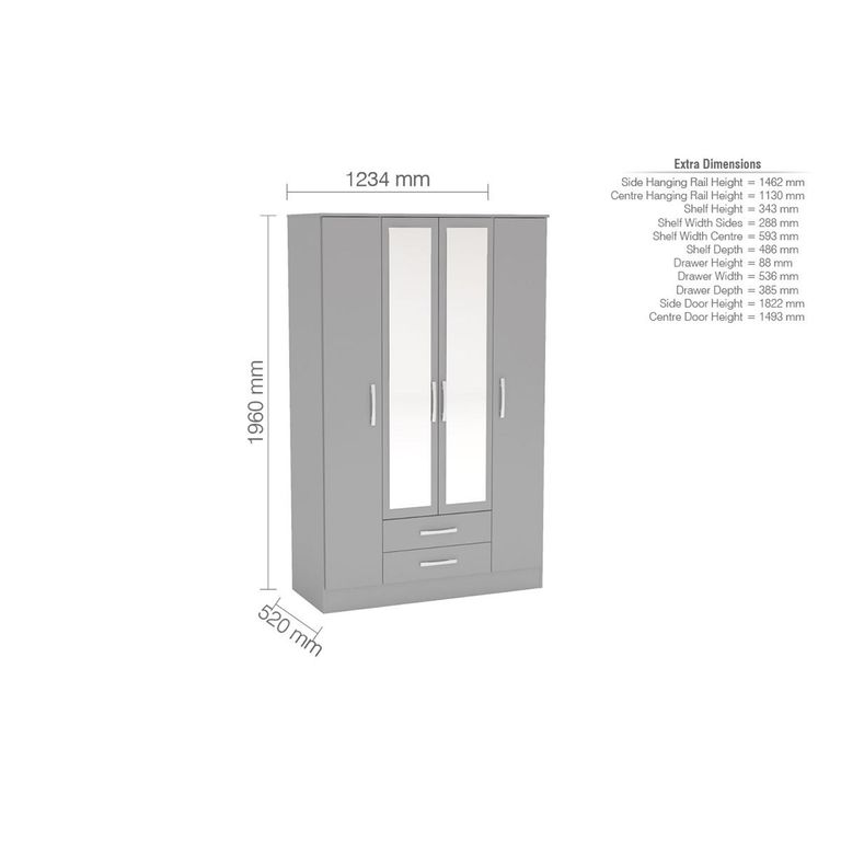 Lynx Combi Wardrobe - 4 Door 2 Drawer - Grey Gloss