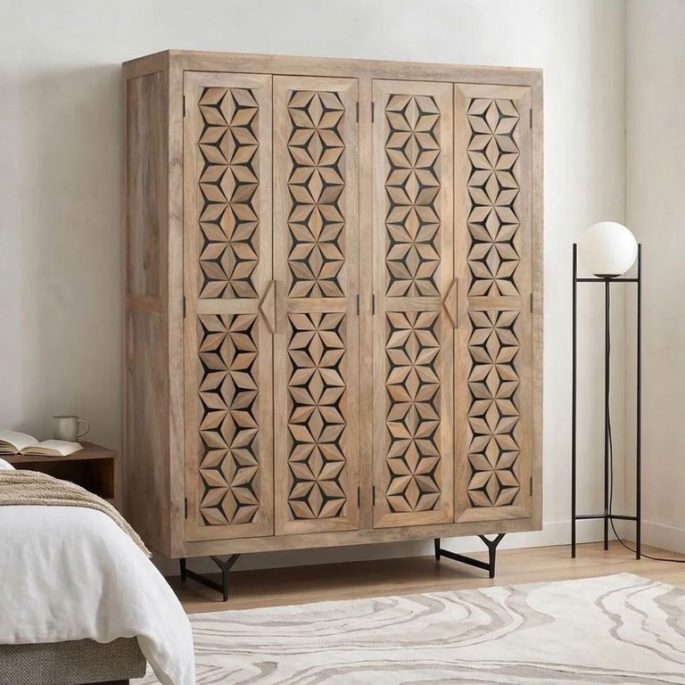 Marlee Natural Mango Wood 4 Door Geometric Wardrobe