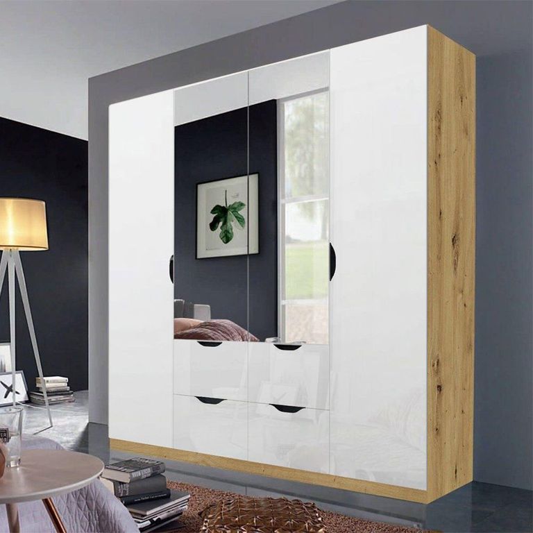 Arnstein Wardrobe - 181cm - 4 Door - Combi - Artisan Oak & White High Gloss