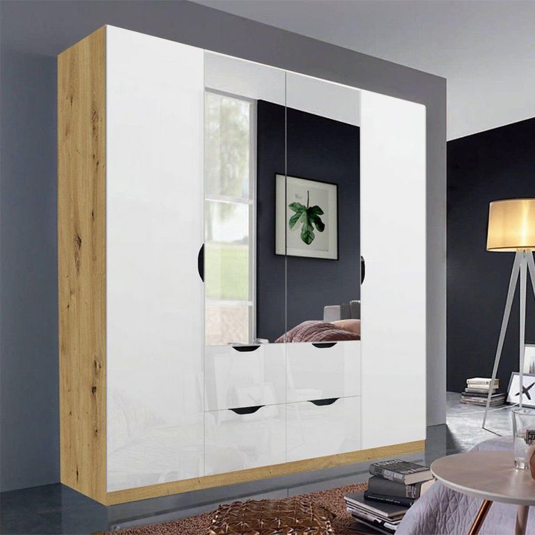 Arnstein Wardrobe - 181cm - 4 Door - Combi - Artisan Oak & White High Gloss