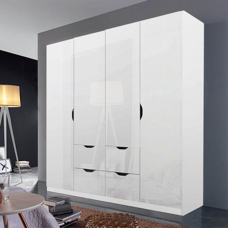 Arnstein Wardrobe - 181cm - 4 Door - 4 Drawer - Alpine White & White High Gloss