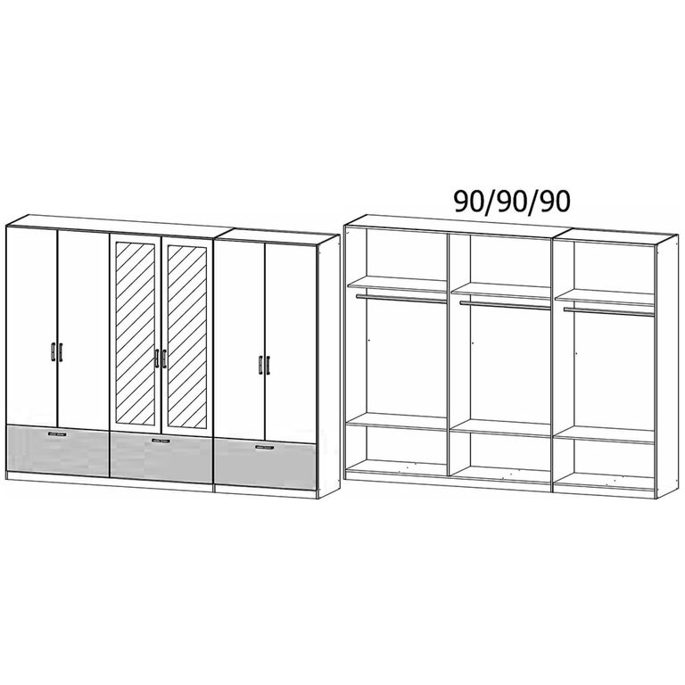 Bari Wardrobe - 271cm - 6 Door - Combi - 3 Drawer - Metallic Grey