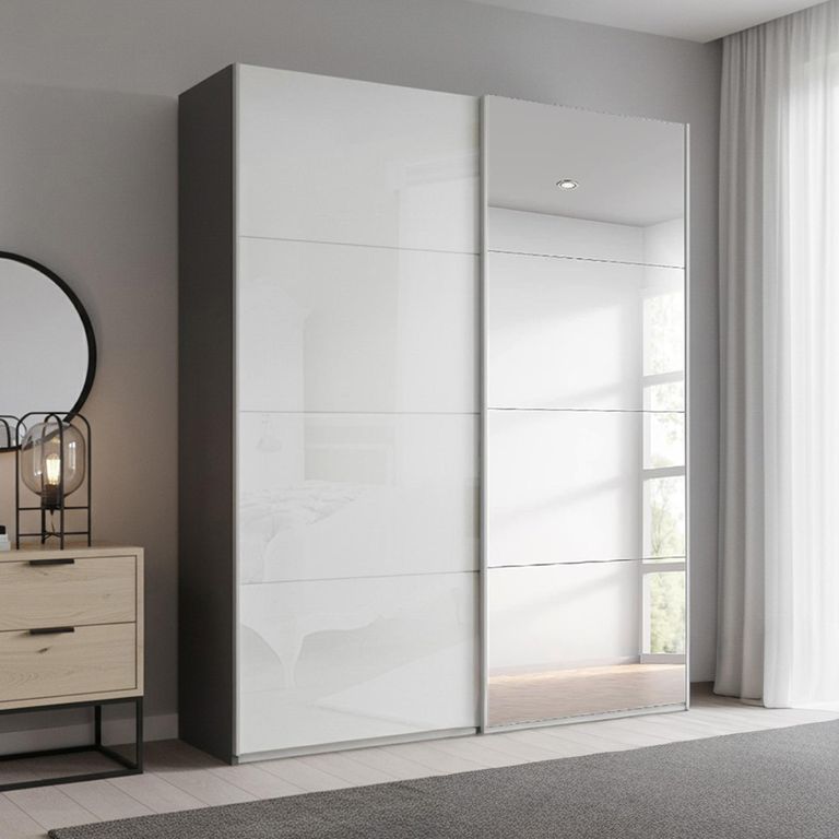 Beluga Extra Sliding Wardrobe - 137cm - 2 Door - Mirror - Graphite & White High Gloss