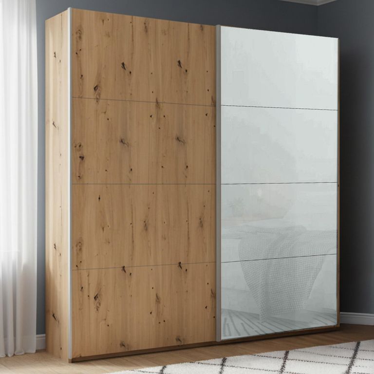 Beluga Extra Sliding Wardrobe - 181cm - 2 Door - Artisan Oak & Silk Grey Glass Front