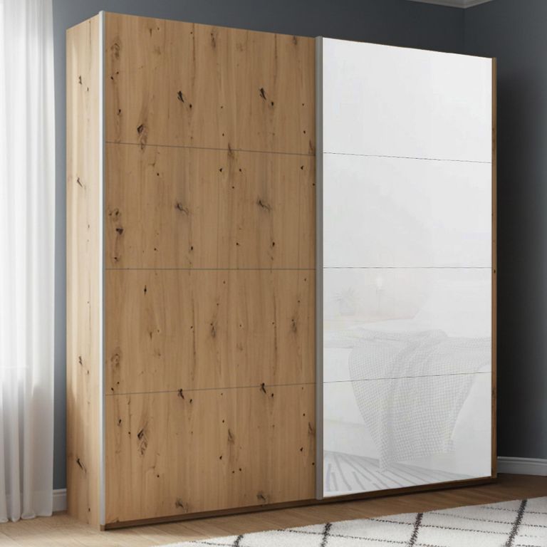 Beluga Extra Sliding Wardrobe - 181cm - 2 Door - Artisan Oak & White Glass Front