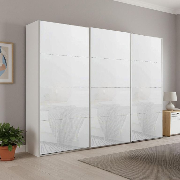 Beluga Extra Sliding Wardrobe - 271cm - 3 Door - Alpine White & White Glass