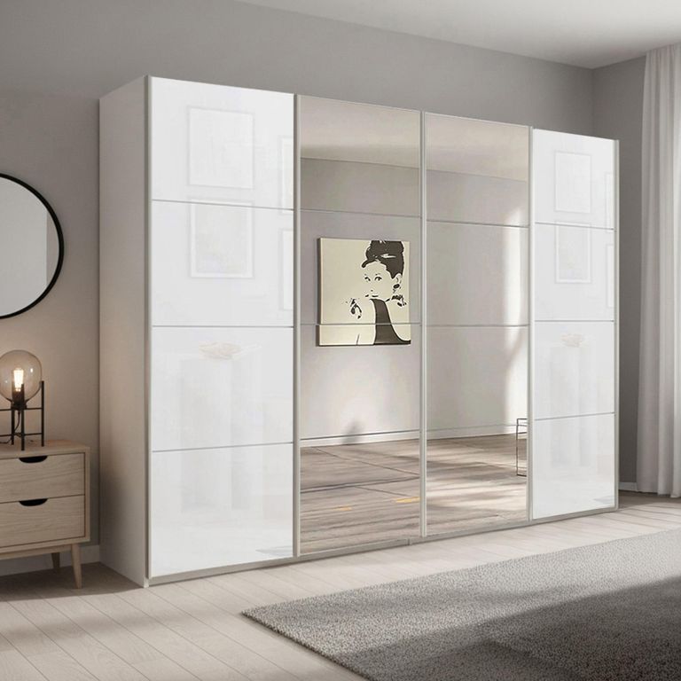 Beluga Extra Sliding Wardrobe - 271cm - 4 Door - Mirror - Alpine White & White Glass