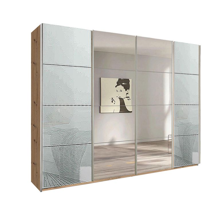 Beluga Extra Sliding Wardrobe - 271cm - 4 Door - Mirror - Artisan Oak & Silk Grey Glass