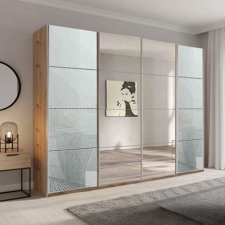 Beluga Extra Sliding Wardrobe - 271cm - 4 Door - Mirror - Artisan Oak & Silk Grey Glass
