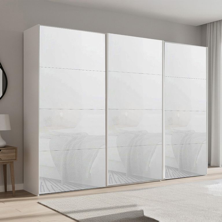 Beluga Extra Sliding Wardrobe - 316cm - 3 Door - Alpine White & White Glass