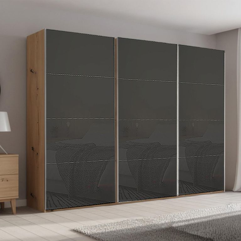 Beluga Extra Sliding Wardrobe - 316cm - 3 Door - Artisan Oak & Basalt Glass