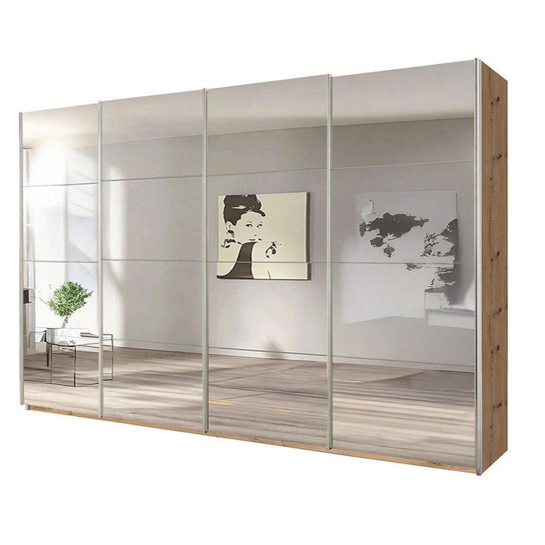 Beluga Extra Sliding Wardrobe - 361cm - 4 Door - Mirrored - Artisan Oak