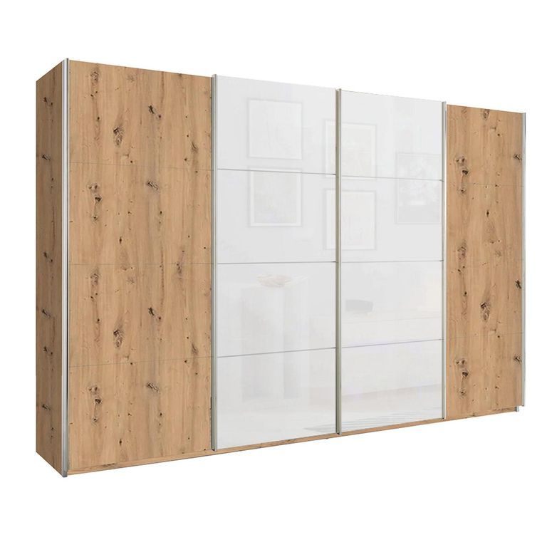 Beluga Extra Sliding Wardrobe - 361cm - 4 Door - Artisan Oak & White Glass Front