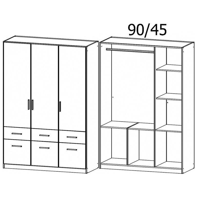 Celle Wardrobe - 136cm - 3 Door - 6 Drawer - Alpine White & Metallic Dark Grey