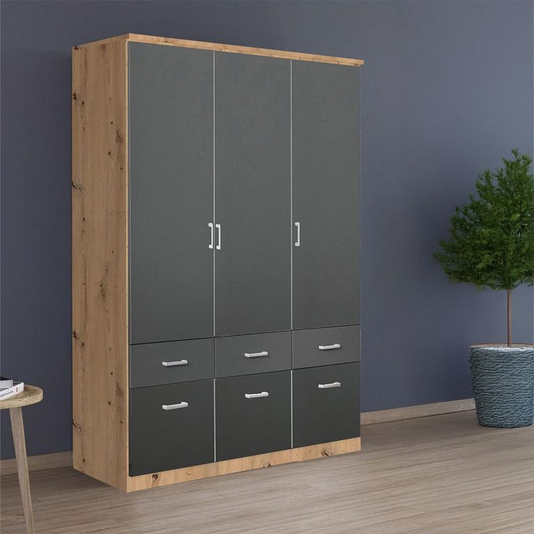 Celle Wardrobe - 136cm - 3 Door - 6 Drawer - Artisan Oak & Metallic Dark Grey