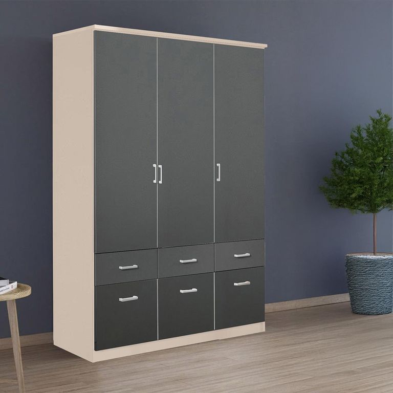 Celle Wardrobe - 136cm - 3 Door - 6 Drawer - Champagne & Metallic Dark Grey