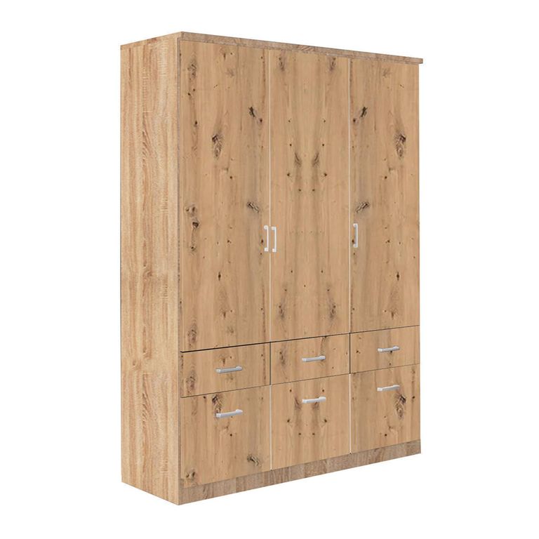 Celle Wardrobe - 136cm - 3 Door - 6 Drawer - Sonoma Oak & Artisan Oak