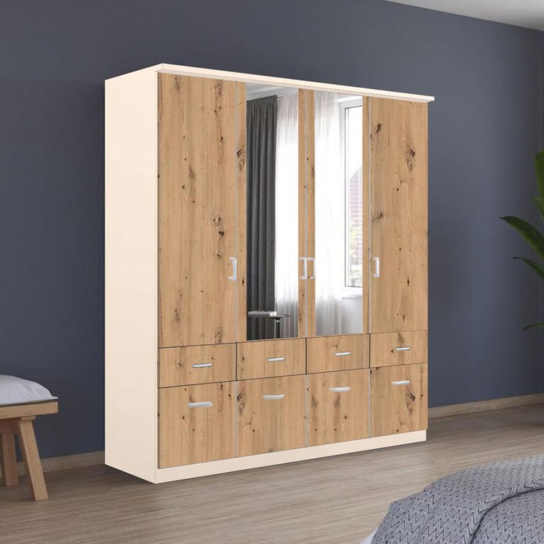 Celle Wardrobe - 181cm - 4 Door - Combi - Champagne & Artisan Oak