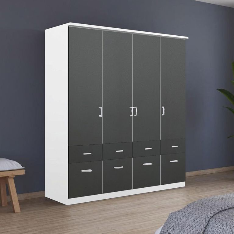 Celle Wardrobe - 181cm - 4 Door - with Drawer - Alpine White & Metallic Dark Grey