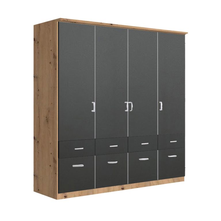 Celle Wardrobe - 181cm - 4 Door - with Drawer - Artisan Oak & Metallic Dark Grey