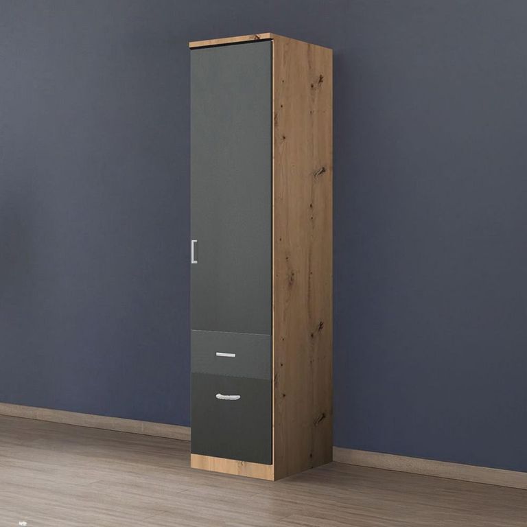 Celle Wardrobe - 47cm - 1 Door - 2 Drawer - Artisan Oak & Metallic Dark Grey - RH