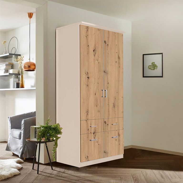 Celle Wardrobe - 91cm - 2 Door - Champagne & Artisan Oak - 4 Drawer
