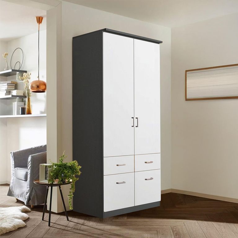 Celle Wardrobe - 91cm - 2 Door - Metallic Dark Grey & Alpine White - 4 Drawer