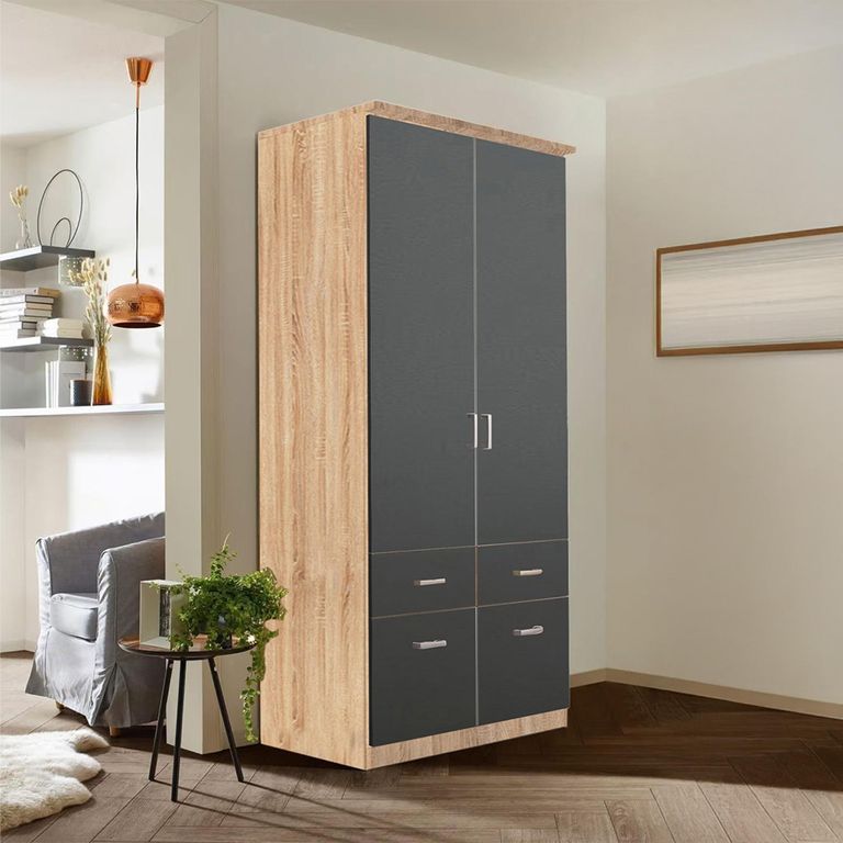 Celle Wardrobe - 91cm - 2 Door - Sonoma Oak & Metallic Dark Grey - 4 Drawer & Extras