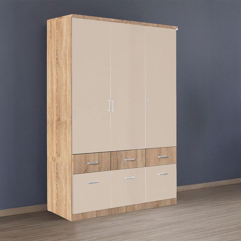 Celle Super Wardrobe - 136cm - 3 Door - 6 Drawer - Sonoma Oak & Champagne