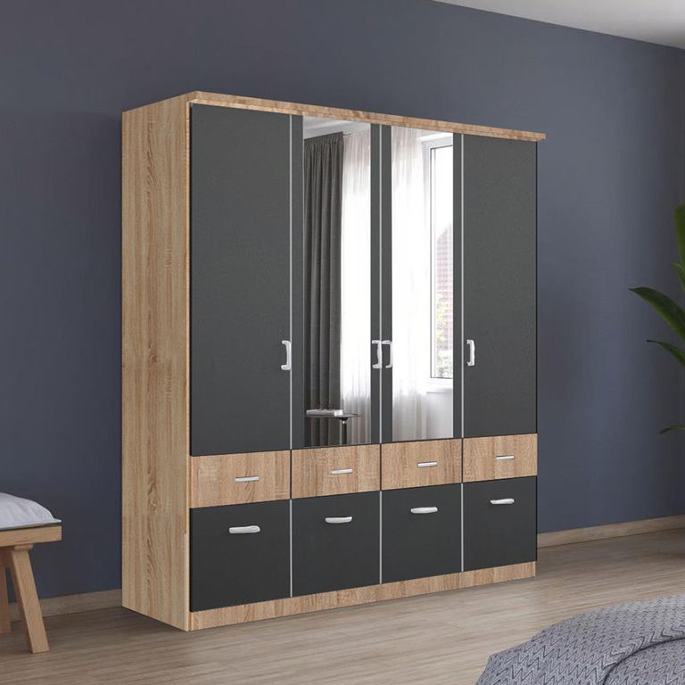 Celle Super Wardrobe - 181cm - 4 Door - Combi - Sonoma Oak & Metallic Dark Grey