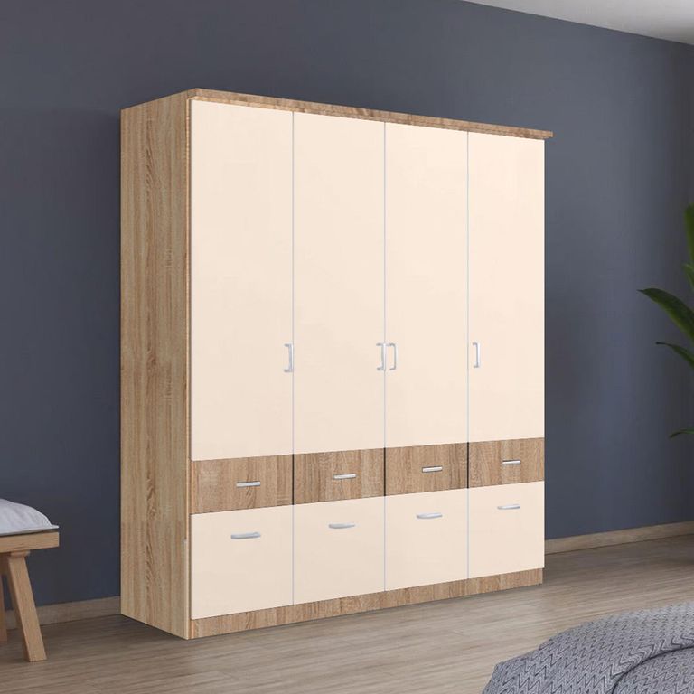 Celle Super Wardrobe - 181cm - 4 Door - with Drawer - Sonoma Oak & Champagne