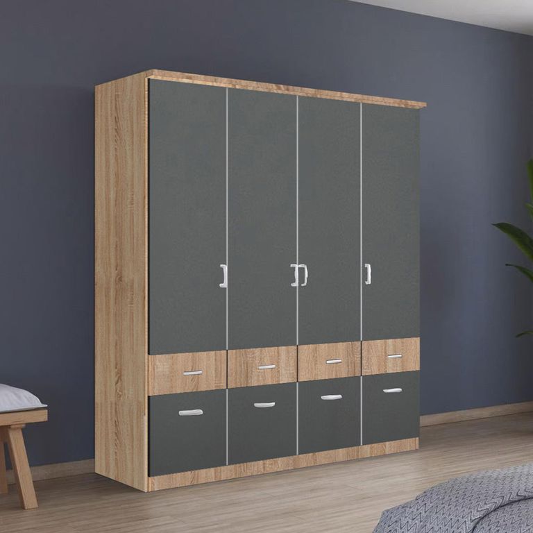 Celle Super Wardrobe - 181cm - 4 Door - with Drawer - Sonoma Oak & Metallic Dark Grey