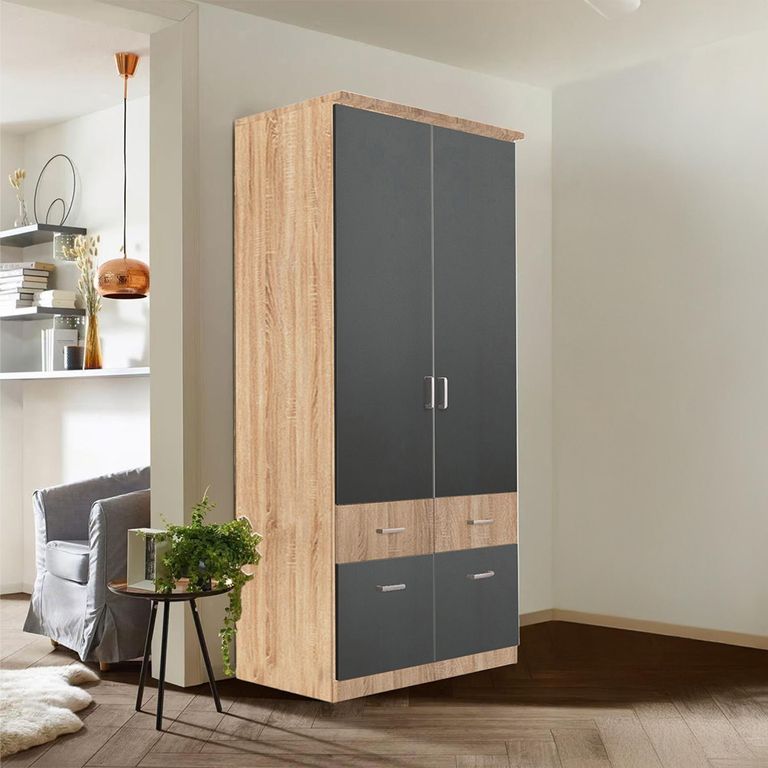 Celle Super Wardrobe - 91cm - 2 Door - 4 Drawer - Sonoma Oak & Metallic Dark Grey