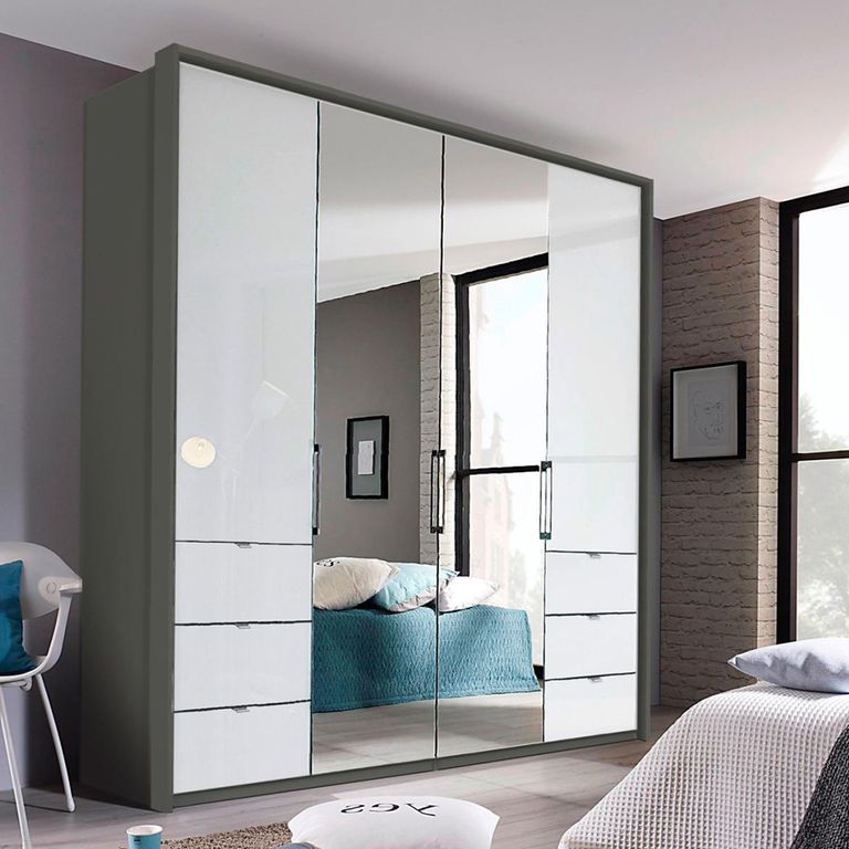 Erimo Wardrobe - 204cm - 4 Door - 6 Drawer - Combi - Graphite & Crystal White Glass