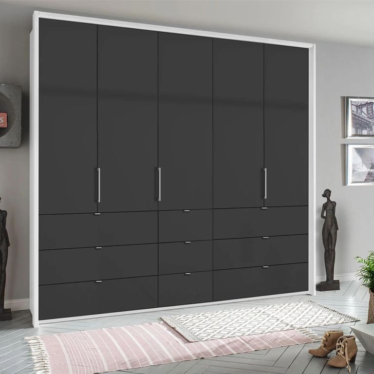 Erimo Wardrobe - 254cm - 5 Door - 9 Drawer - Alpine White & Basalt Glass