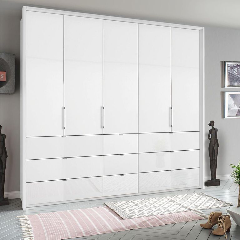 Erimo Wardrobe - 254cm - 5 Door - 9 Drawer - Alpine White & Crystal White Glass