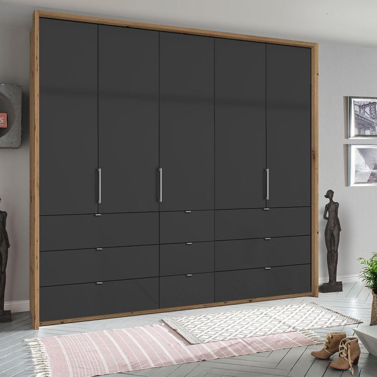 Erimo Wardrobe - 254cm - 5 Door - 9 Drawer - Artisan Oak & Basalt Glass